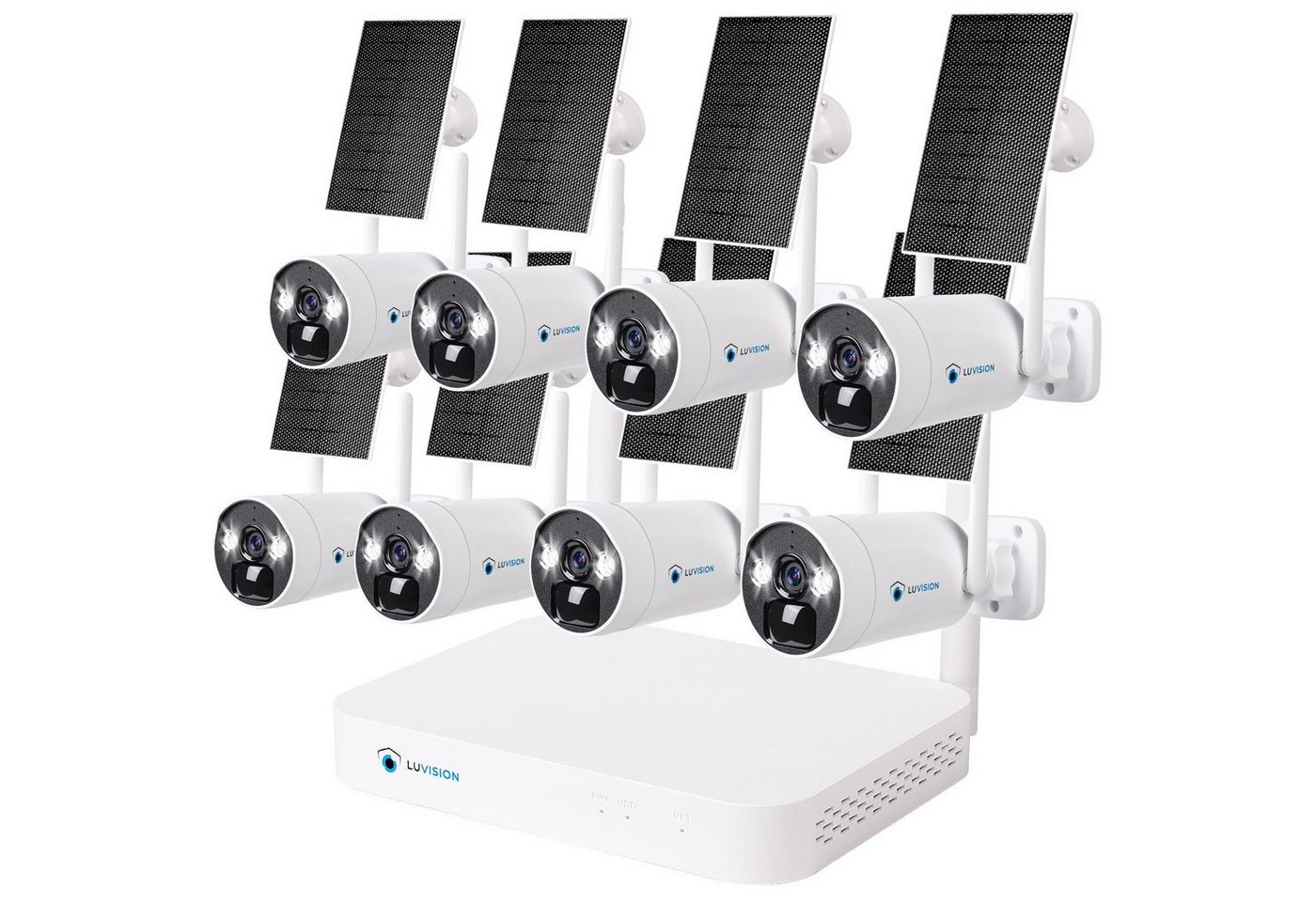 LUVISION Überwachungskamera (Außen- und Innenbereich, 8-tlg., WLAN Solar Akku Überwachungssystem 4MP 8 x Überwachungskamera Mikrofon, Cloud, 2-Wege Audio, 10 Kanal NVR, Solarpanel, Batterie, Smartlicht) von LUVISION