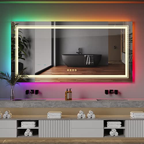 Badspiegel mit RGB Led Beleuchtung: 105x50 cm Bunt Badezimmerspiegel mit Beleuchtung Dimmbar 11 Lichtfarben - 4 Touch Schalter Beschlagfrei Speicherfunktion Wandspiegel für Bar Hotel Friseursalon von LUVODI