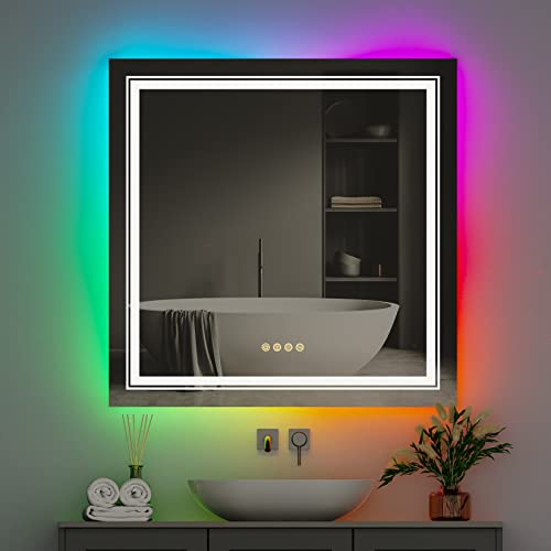 Badspiegel mit RGB Led Beleuchtung: 80x80 cm Quadratisch Badezimmerspiegel mit 3 Farben Frontbeleuchtung und 8 RGB Hintergrundbeleuchtung - Farbwechsel Wandspiegel für Weihnachten, Party, Zuhause von LUVODI