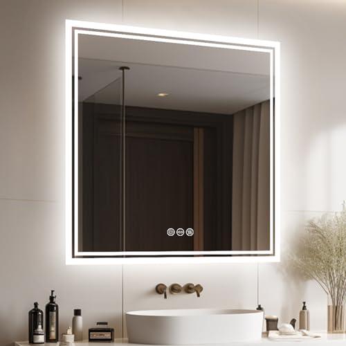 LUVODI Badezimmerspiegel Wandspiegel LED Badspiegel: 80 x 80 cm Multifunktions Badspiegel mit Beleuchtung Einstellbares Licht, Antibeschlag, Dimmbare Speicherfunktion von LUVODI