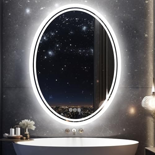 LUVODI Badspiegel mit Beleuchtung Oval: 60x80 cm Ovaler Spiegel mit Hintergrundbeleuchtung, LED Badezimmerspiegel Wandspiegel Lichtspiegel Dimmbar 3 Lichtfarben Nebelfrei IP65 Wasserdicht von LUVODI