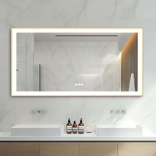 LUVODI Badspiegel mit Beleuchtung 140x70 cm: Luxus große LED Badezimmerspiegel mit Gold Aluminiumrahmen, Entfoggen, 3 Farbtemperaturen, Speicherfunktion, Dimmbar Wandspiegel für Bad Garderoben Hotel von LUVODI