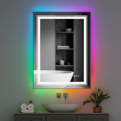 LUVODI Badspiegel mit RGB Led Beleuchtung: 80x60 cm Badezimmerspiegel mit 4 Touch-Schalter - Farbwechsel Dimmbar 11 Lichtfarbe Beschlagfrei Lichtspiegel für Haus Schlafzimmer von LUVODI