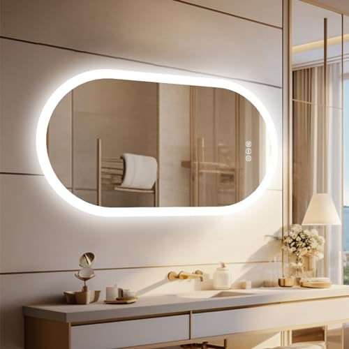 LUVODI Oval Badspiegel mit Beleuchtung: 120 x 60 cm Großer LED Badezimmerspiegel mit Touch-Schalter, Beschlagfrei, Dimmbar, 3 Lichtfarbe Einstellbare für Bad Flur Garderoben Spiegel von LUVODI