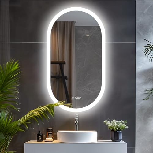 LUVODI Oval Badspiegel mit Beleuchtung: LED Badezimmerspiegel mit Hintergrundbeleuchtung, 3 Touch Schalter, Beschlagfrei, LED Licht Wechsel, Speicherfunktion Bad Schminkspiegel 80 x 50 cm von LUVODI