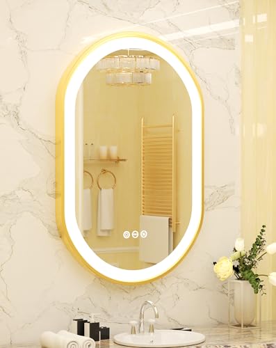 LUVODI Ovaler Spiegel mit Beleuchtung: 80x50 cm LED Wandspiegel mit golden Aluminiumrahmen Touch-Schalter, Antibeschlag, Dimmbar Lichtspiegel 3000K/4500K/15000K, Memory-Funktion von LUVODI