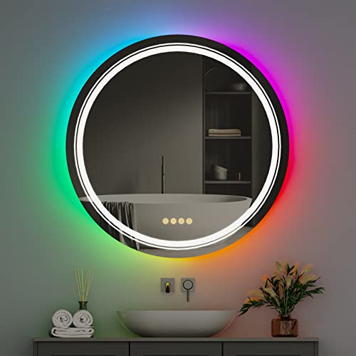 LUVODI RGB LED Badspiegel Rund 60cm: Badezimmerspiegel mit 8 Hintergrundbeleuchtung und 3 Frontbeleuchtung - 4 Touchschalter - Spiegelheizung Bad Spiegel - Dimmbar Wandspiegel für Bad Party Bar von LUVODI