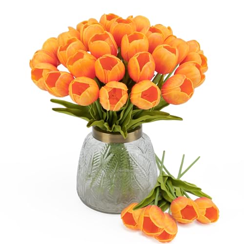 LUWENER 15Pcs Künstliche Tulpen Orange,Latex Tulpen Blumen, Gefälschte Tulpen Blumen Orange für Brautsträuße, Haus, Party, Büro, DIY Blumenarrangements von LUWENER