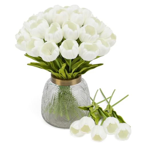 LUWENER 15Pcs Künstliche Tulpen Weiß,Latex Tulpen Blumen, Gefälschte Tulpen Blumen Weiß für Brautsträuße, Haus, Party, Büro, DIY Blumenarrangements von LUWENER