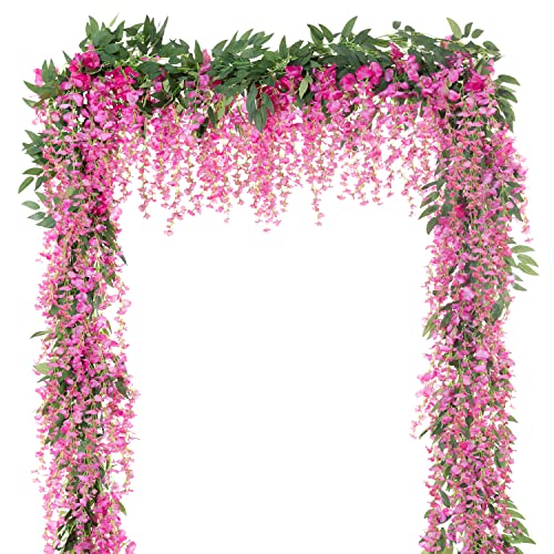 LUWENER 2pcs 7FT Blumengirlande künstliche Glyzinien Girlande, Künstliche Blume Girlande Wisteria Hängende Blumen Rebe Bluerain für Home Wedding Party Garten Dekoration (Magenta) von LUWENER