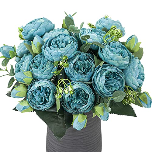 LUWENER 4 Bündel Künstliche Blume Pfingstrose künstliche Rose mit 20 Köpfen gefälschte Pfingstrose Seide Blume Sträuße für Hochzeit Home Tisch Party Fenster Dekoration (blau) von LUWENER