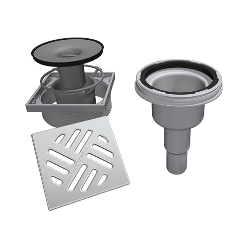 LUX ELEMENTS Senkrechter Ablauftopf TUB-BAS-S 100 I Ablauftopf mit Rost 12 x 12 cm aus Edelstahl inkl. Geruchsverschluss für Duschböden mit Punktablauf von LUX ELEMENTS