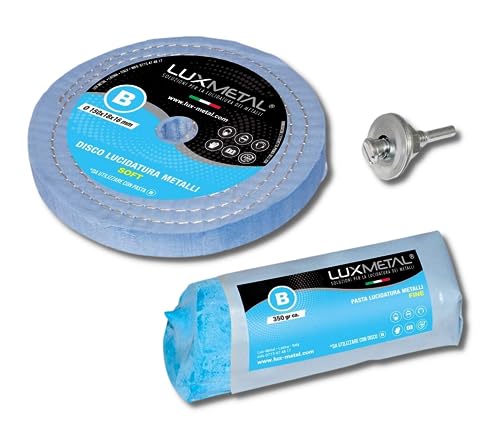 Lux Metal - 1 polierpaste 250 g - 1 Polierscheibe 150 mm Baumwolle set kit Schleifpaste Metall Aluminium für Bohrmaschine schleifbock schleifmaschinen, Edelstahl Messing Kupfer Holz Kunststoff messer von Lux Metal