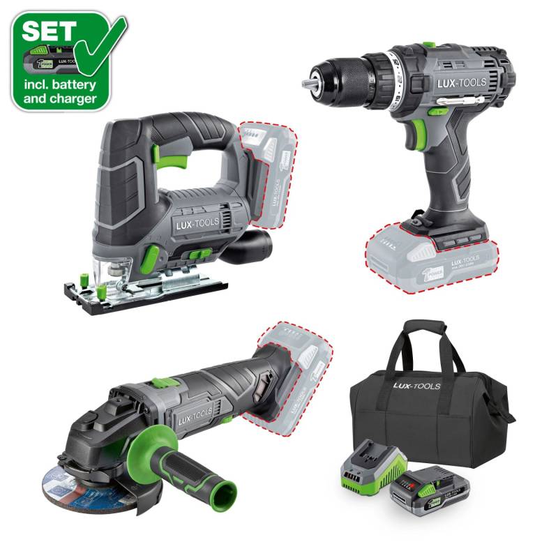 LUX Akku-Maschinenset 3in1 Bohrschrauber Stichsäge Winkelschleifer 1 PowerSystem LUX Akku-Maschinenset 3in1 Bohrschrauber Stichsäge Winkelschleifer 1 PowerSystem von LUX-TOOLS