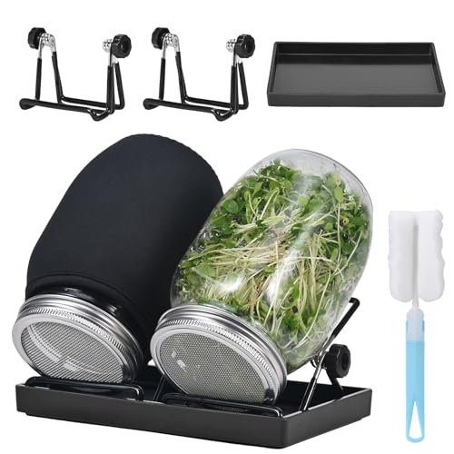 LUXECOVE 2er-Pack Keimglas, 1000-ml-Keimglas mit 2 verstellbaren Ständern, 2 Becherhülsen, Einer Bürste und einem Tablett, sprossen anzuchtset, geeignet für Sojasprossen, Samenkeimgläser von LUXECOVE