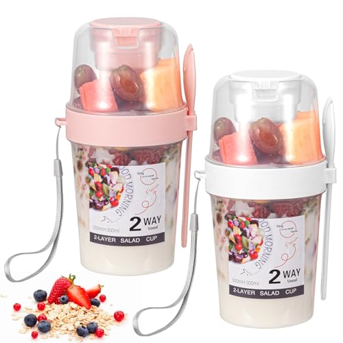 LUXECOVE 2er-Pack Müsli-To-Go-Becher, Joghurtbecher mit Löffel, müslibecher to go kinder,doppelschichtige Anti-Fall- und auslaufsichere Müslibecher, Salatbecher (weiß + rosa, 560 ml + 310 ml) von LUXECOVE