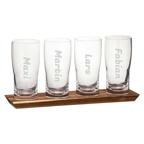 LUXENTU Biergläser Pint Gläser mit individueller Gravur 4er Set, 430 ml, Bier Tasting-Set mit Servierbrett, Personalisierte Lasergravur als Geschenkidee von LUXENTU