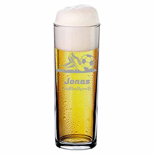 LUXENTU Bierglas mit Gravur, Kölsch-Glas/Kölner Stange mit 0,2 Liter Eichung, Persönliche Lasergravur mit Name & Fußball-Motiv, Fußball & Schuhe von LUXENTU