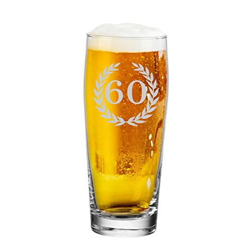 LUXENTU Bierglas mit Gravur, Willi Becher mit 0,5 Liter Eichung und graviertem Lorbeerkranz, Helles-Glas als Geschenk zum 60. Jubiläum/Geburtstag, Spülmaschinengeeignet von LUXENTU