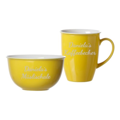 LUXENTU Frühstücks-Set Doppio mit personalisierter Gravur, Kaffeebecher (320 ml) und Müslischale (14 cm) mit 2-zeiligem Gravurbereich, Lasergravur in Silber, Porzellan, Gelb von LUXENTU