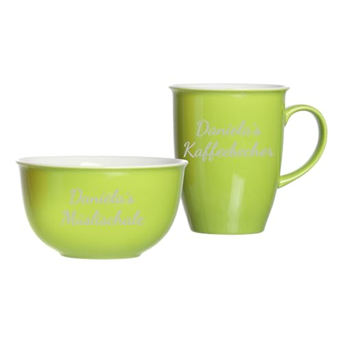 LUXENTU Frühstücks-Set Doppio mit personalisierter Gravur, Kaffeebecher (320 ml) und Müslischale (14 cm) mit 2-zeiligem Gravurbereich, Lasergravur in Silber, Porzellan, Grün von LUXENTU