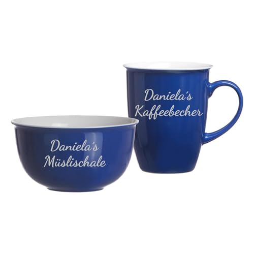 LUXENTU Frühstücks-Set Doppio mit personalisierter Gravur, Kaffeebecher (320 ml) und Müslischale (14 cm) mit 2-zeiligem Gravurbereich, Lasergravur in Silber, Porzellan, Indigo Blau von LUXENTU