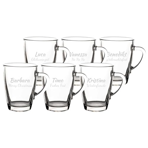 LUXENTU Glasbecher mit personalisierter Gravur, Kaffeebecher 300 ml, Klassische Becher für Kaffee Tee und Glühwein, Individuelle Lasergravur, Set für Freunde & Familie, 6 Stück von LUXENTU