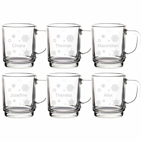 LUXENTU Glühweintassen mit personalisierter Gravur, Teegläser 250 ml, Geeichte Glasbecher bei 0,2 Liter, Set für Freunde & Familie, Motiv: Schneeflocken, 6 Stück von LUXENTU