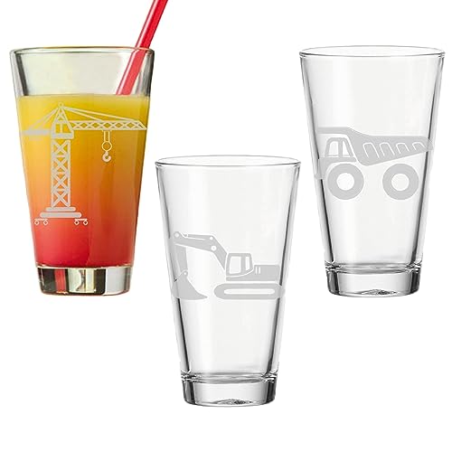 LUXENTU Kinderbecher Trinkgläser mit Gravur, 3er Set Baustellenfahrzeuge, 300 ml, Wasserglas Kinderglas mit Baustellen-Motiv für Kinder, Spülmaschinengeeignet von LUXENTU