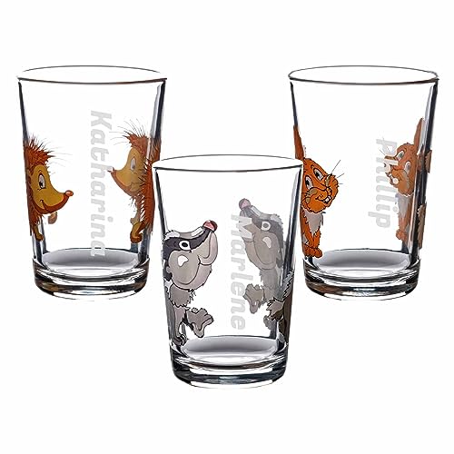 LUXENTU Kinderbecher mit Gravur, 3er Set Trinkgläser Waldtiere, 205 ml, Kindergläser mit persönlicher Namensgravur, Individualisierbar & Anpassbar mit 3 verschiedenen Namen von LUXENTU