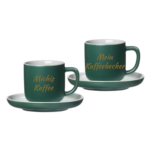 LUXENTU Personalisierte Espressotassen mit Untertassen Jasper 2er Set, 90 ml, Goldgefärbte Gravur auf Tassen, 2-zeiliger Gravurbereich für individuellen Text, Steinzeug, Grün von LUXENTU