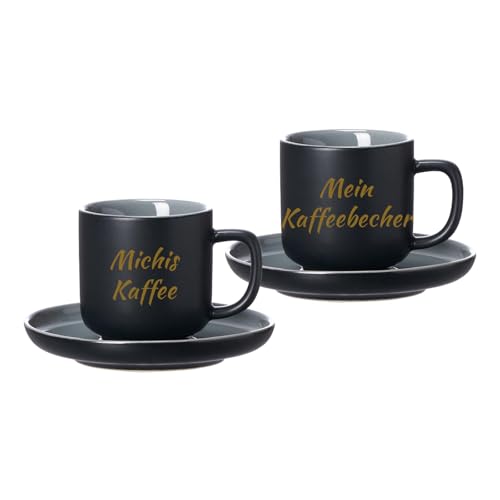 LUXENTU Personalisierte Espressotassen mit Untertassen Jasper 2er Set, 90 ml, Goldgefärbte Gravur auf Tassen, 2-zeiliger Gravurbereich für individuellen Text, Steinzeug, Schwarz von LUXENTU
