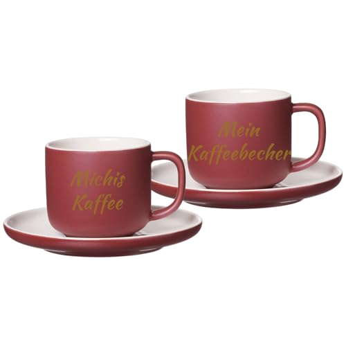 LUXENTU Personalisierte Kaffeetassen mit Untertassen Jasper 2er Set, 200 ml, Goldgefärbte Gravur auf Tassen, 2-zeiliger Gravurbereich für individuellen Text, Steinzeug, Beere von LUXENTU