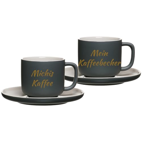 LUXENTU Personalisierte Kaffeetassen mit Untertassen Jasper 2er Set, 200 ml, Goldgefärbte Gravur auf Tassen, 2-zeiliger Gravurbereich für individuellen Text, Steinzeug, Grau von LUXENTU