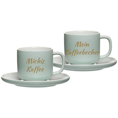 LUXENTU Personalisierte Kaffeetassen mit Untertassen Jasper 2er Set, 200 ml, Goldgefärbte Gravur auf Tassen, 2-zeiliger Gravurbereich für individuellen Text, Steinzeug, Mint von LUXENTU