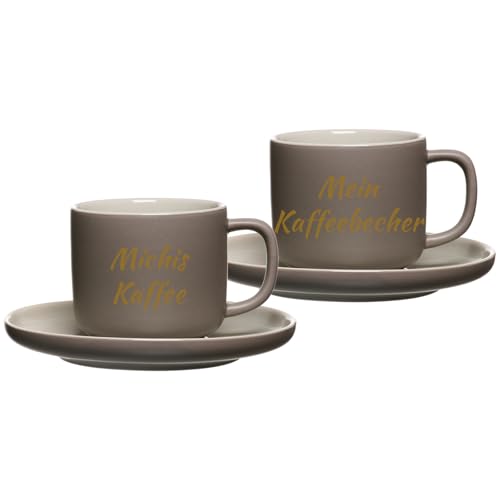 LUXENTU Personalisierte Kaffeetassen mit Untertassen Jasper 2er Set, 200 ml, Goldgefärbte Gravur auf Tassen, 2-zeiliger Gravurbereich für individuellen Text, Steinzeug, Taupe von LUXENTU
