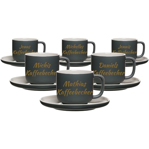 LUXENTU Personalisierte Kaffeetassen mit Untertassen Jasper 6er Set, 200 ml, Goldgefärbte Gravur auf Tassen, 2-zeiliger Gravurbereich für individuellen Text, Steinzeug, Grau von LUXENTU