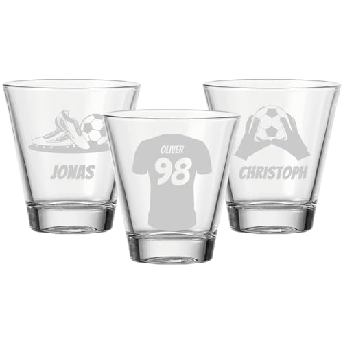 LUXENTU Trinkgläser mit Gravur 3er Set, 215 ml, Personalisierte Wassergläser und Kindergläser mit Fußball-Motiven, Fußball & Schuhe | Trikot | Torwarthandschuhe, Spülmaschinenfest von LUXENTU