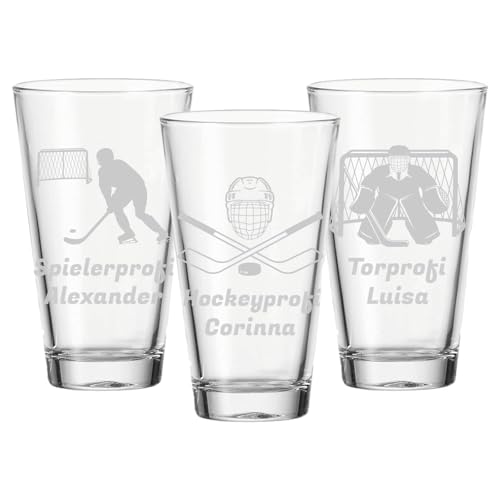 LUXENTU Trinkgläser mit Gravur 3er Set, 300 ml, Wassergläser und Kindergläser mit Eishockey-Motiven, Personalisierbar mit Namen, Individuelle Lasergravur, Eishockeyspieler & Goalie von LUXENTU