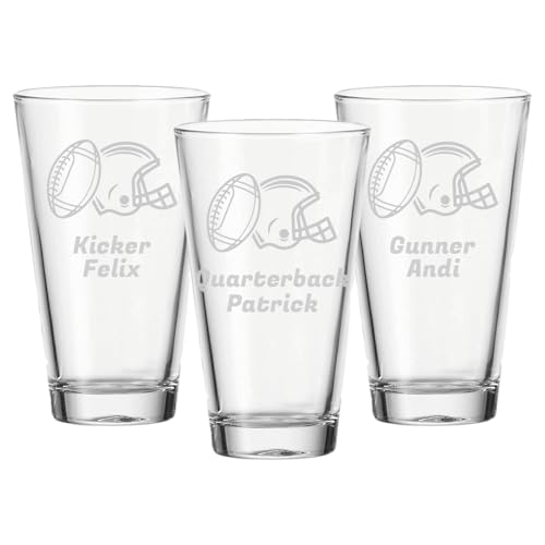 LUXENTU Trinkgläser mit Gravur 3er Set, 300 ml, Wassergläser und Kindergläser mit Football-Motiven, Personalisierbar mit Namen, Individuelle Lasergravur, Ball & Helm von LUXENTU