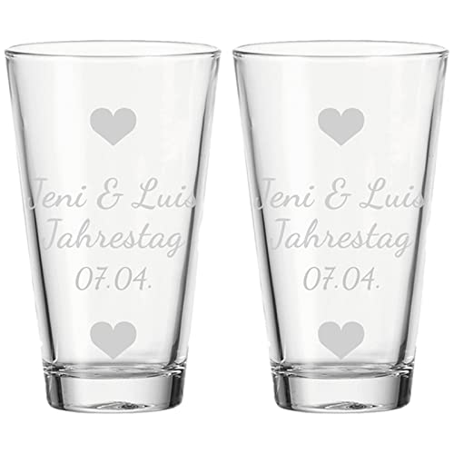 LUXENTU Trinkglas mit Gravur, 300 ml, 2er Set, Wasserglas mit Herzchen-Motiv gefüllt, Personalisierte Gläser für die Hochzeit & Verlobung, Spülmaschinenfest, 3 Zeilen konfigurierbar von LUXENTU