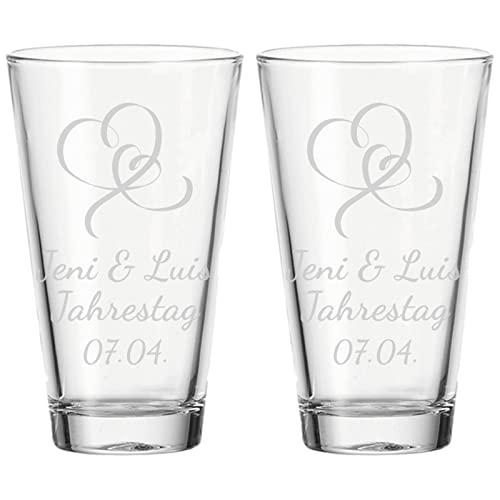 LUXENTU Trinkglas mit Gravur, 300 ml, 2er Set, Wasserglas mit Herzchen-Motiv geschwungen, Personalisierte Gläser für die Hochzeit & Verlobung, Spülmaschinenfest, 3 Zeilen konfigurierbar von LUXENTU