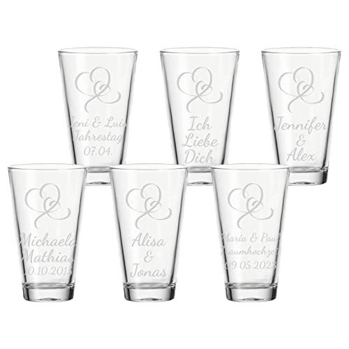 LUXENTU Trinkglas mit Gravur, 300 ml, 6 Stück, Wasserglas mit Herzchen-Motiv geschwungen, Personalisierte Gläser für die Hochzeit & Verlobung, Spülmaschinenfest, jeweils 3 Zeilen konfigurierbar von LUXENTU