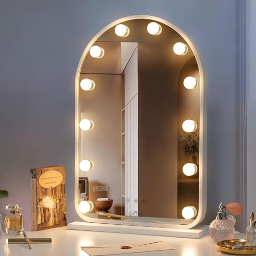 LUXFURNI Kosmetikspiegel mit Lichtern, Hollywood-beleuchteter Spiegel mit 12 dimmbaren Glühbirnen, Smart-Touch-Steuerung, 3 Farb-Beleuchtungsmodi, Weiß von LUXFURNI