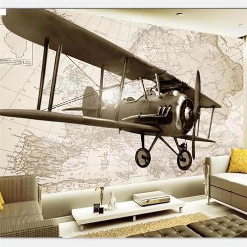 LUXINSHISU Selbstklebende PVC Fototapete 3d Wohnzimmer Tapete retro Weltkarte alte Flugzeuge TV Hintergrund Wand Schlafzimmer Wand Kunst Aufkleber von LUXINSHISU