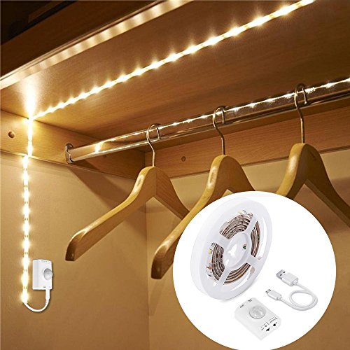 LUXJET Klebe LED Streifen mit Bewegungsmelder, 1m LED Streifen USB Akku Aufladbar mit Auto On/Off und Timer Warmweiß für Schlafzimmer, Treppenhaus, Badezimmer, Küche, Garderobe von LUXJET