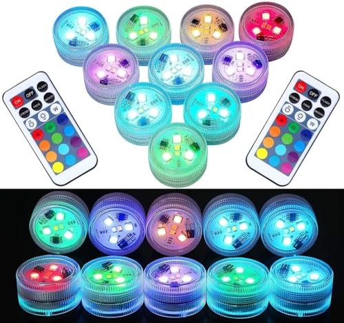 Mini Unterwasser Licht RGB Multi Mehrfarbige LED Teichbeleuchtung 10pcs Wasserdichte Teelichter mit Fernbedienung Multicolor Dekoration für Garten Aquarium Vase Badewanne Pool oder Spa von LUXJET