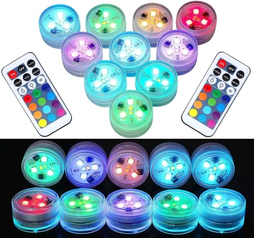 Mini Unterwasser Licht RGB Multi Mehrfarbige LED Teichbeleuchtung 10pcs Wasserdichte Teelichter mit Fernbedienung Multicolor Dekoration für Garten Aquarium Vase Badewanne Pool oder Spa von LUXJET