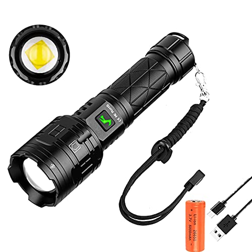 Leistungsstarke LED XHP160 Taschenlampe, wiederaufladbare 23000 Lumen LED XHP160 Taktische Taschenlampe Handtaschenlampen mit 5 Modi Zoombare wasserdichte Handtaschenlampen zum Wandern,Angeln,Notfall von LUXNOVAQ