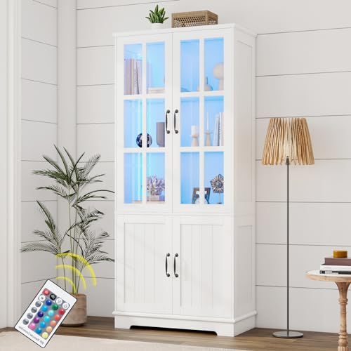 LUXOAK 180.3 cm LED Aufbewahrungsschrank Vitrine mit Tür & Verstellbarem Regal Küche Speisekammer Bücherregal Schrank für Wohnzimmer Esszimmer & Home Office Weiß 4 Türen von LUXOAK